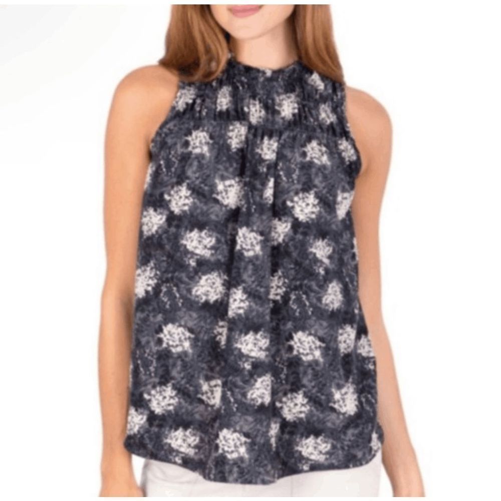 Joie Women's Baltic Print Smocked Neck Top Size Small Black, Gray & Beige